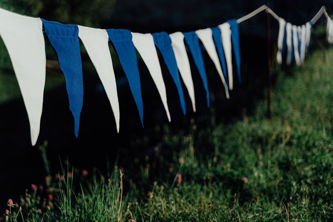 core-values Close-up of blue and white bunting flags hanging outdoors over a grassy field.